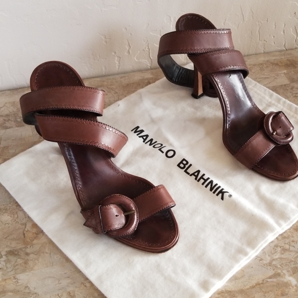 Authentic Manolo Blahnik Chocolate Ankle Wrap Heel